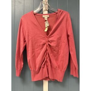 MAINBOCHER Women’s M Pink Coral Lightweight 3/4 Sleeve V-Neck Cardigan Sweater